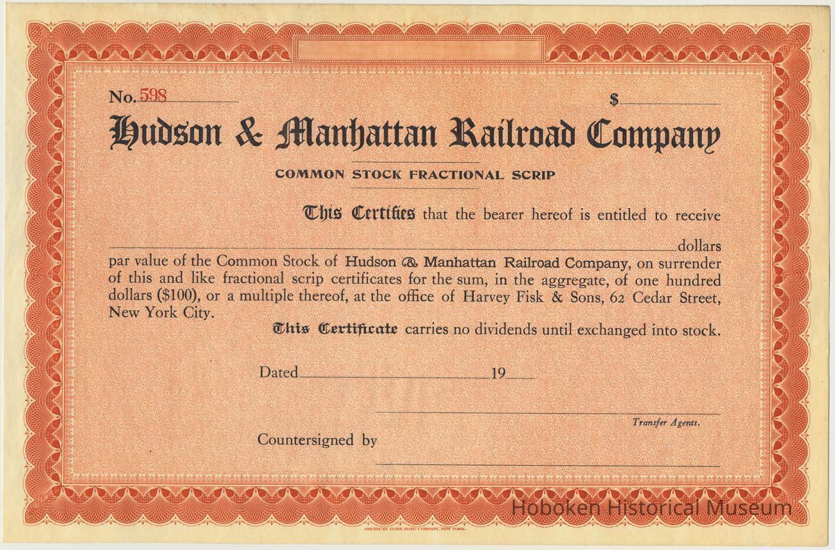 Hudson & Manhattan Railroad Common Stock Fractional Scrip