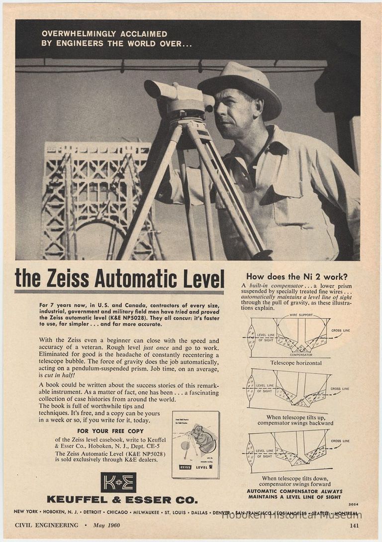 Ad for the Zeiss Automatic Level made by Keuffel & Esser Co., N.Y.; Civil Engineering, May 1960. picture number 1