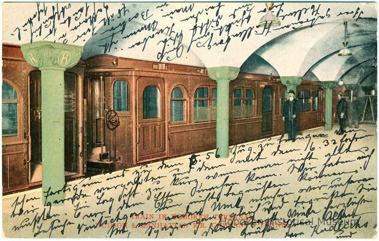 Digital image of Hudson & Manhattan R.R. postcard titled: Train in Hoboken Terminal, Hudson & Manhattan R.R. Company's Tunnel. No date, ca. 1908. picture number 1