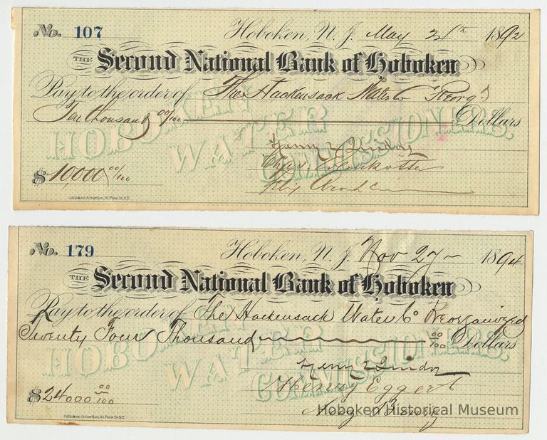 Two checks of the Hoboken Water Commissioners drawn on 2nd National Bank of Hoboken, 1892, 1894. picture number 1