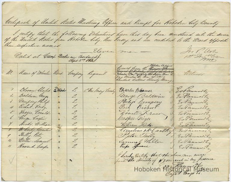 Certificate of United States Mustering Officer and Receipt for Hoboken City Bounty. Camp Parker near Trenton, N.J., Sept. 2nd, 1863. picture number 1