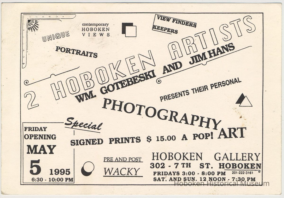 Postcard handbill for exhibition, 2 Hoboken Artists, Hoboken Gallery, 302 7th St., Hoboken, May 5, 1995. picture number 1