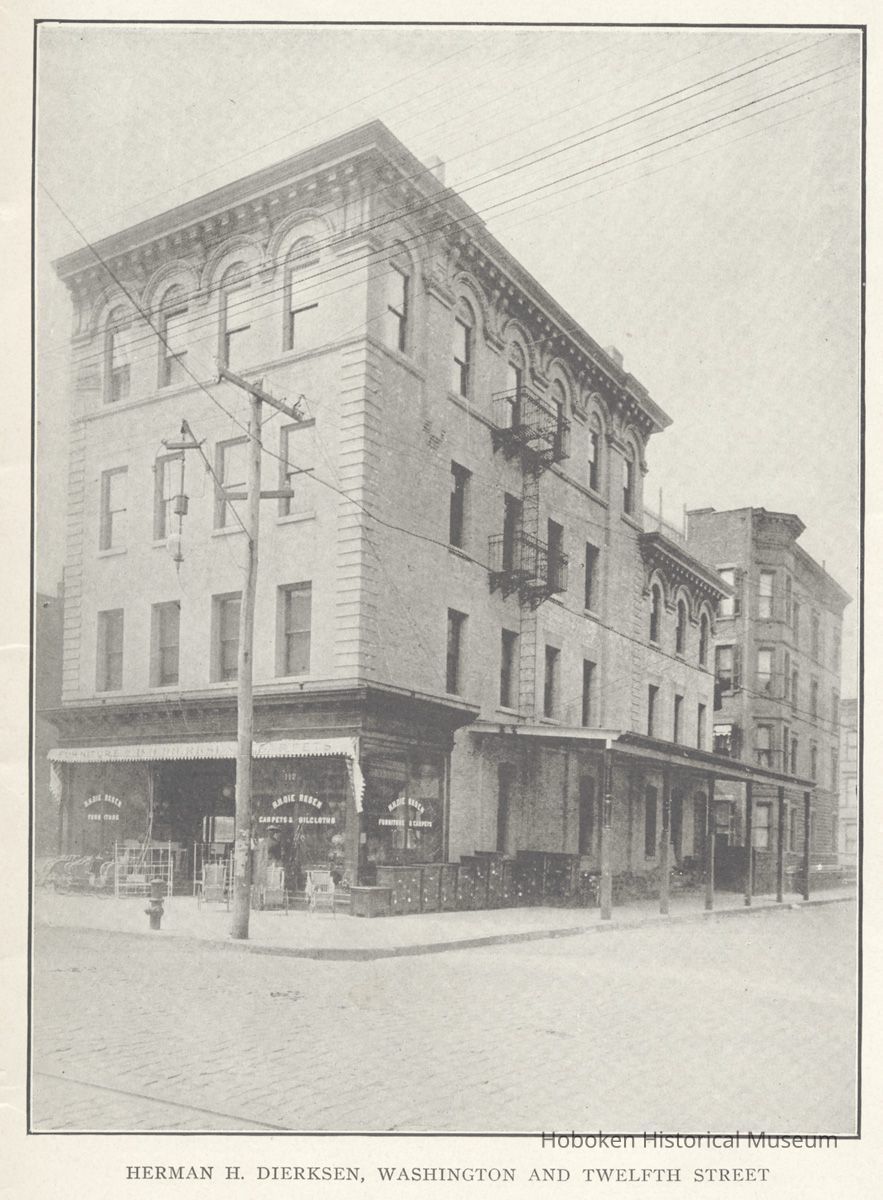 Printed B+W photograph of H.H. Dierksen, furniture and carpets, Washington & Twelfth Streets, Hoboken, no date, ca. 1901-1908. picture number 1
