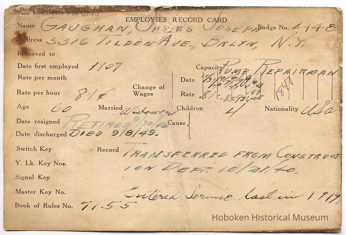 Employee's record card for James Joseph Gaughan from the Bethlehem Steel Hoboken Shipyard. picture number 1
