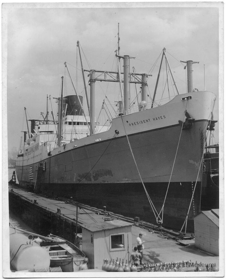 B+W photo of the S.S. President Hayes starboard bow view, Hoboken, no date, ca. 1940. picture number 1