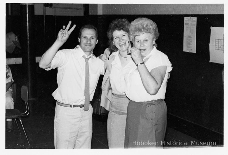 B+W photo of three Tom Vezzetti campaign supporters on election night, Hoboken, [June 11, 1985]. picture number 1