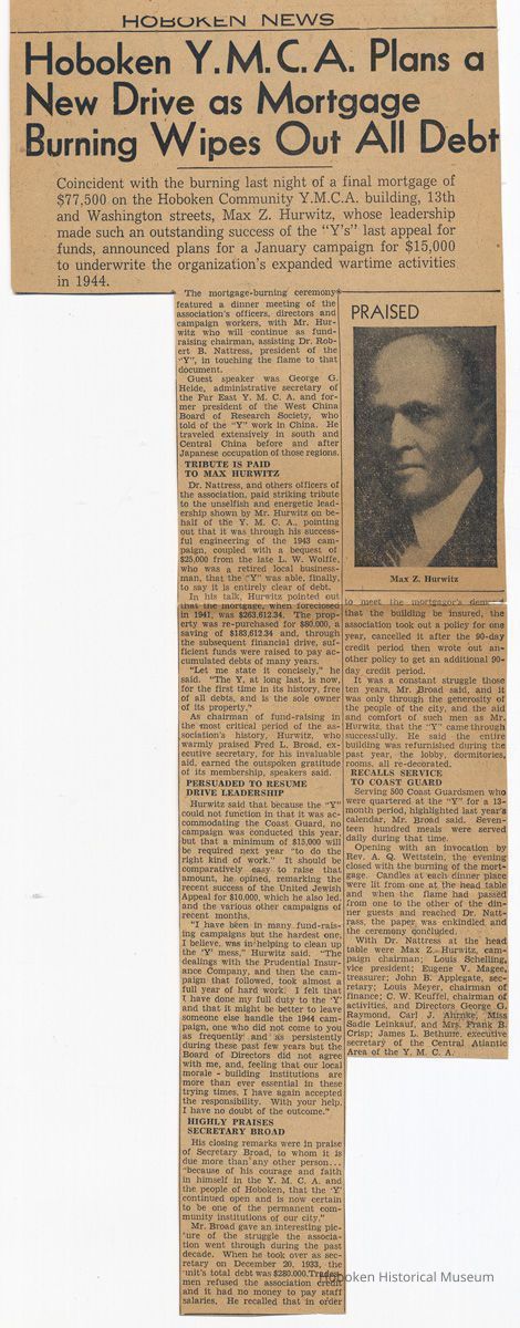 Clipping: Hoboken Y.M.C.A. Plans a New Drive as Mortgage Burning Wipes Out All Debt. Dec. 18, 1943. picture number 1