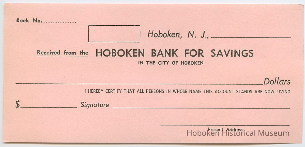 Hoboken Bank for Savings receipt form