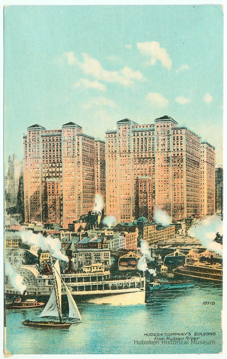 Digital image of Hudson & Manhattan R.R. postcard titled: Hudson Company's Building from Hudson River. No date, ca. 1908. picture number 1