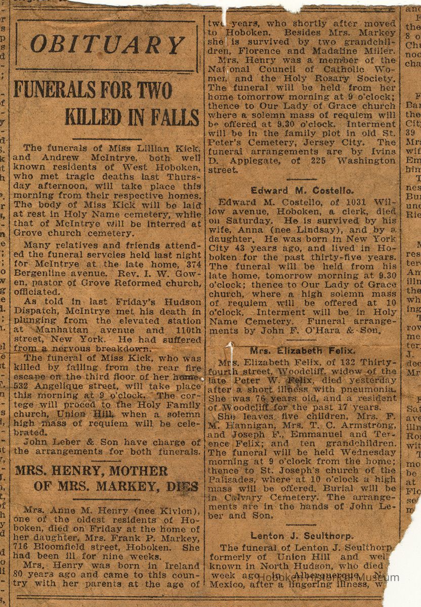 Newspaper clipping, obituary, for death of Mrs. Anne M. Henry, 716 Bloomfield St., Hoboken, 1923 picture number 1