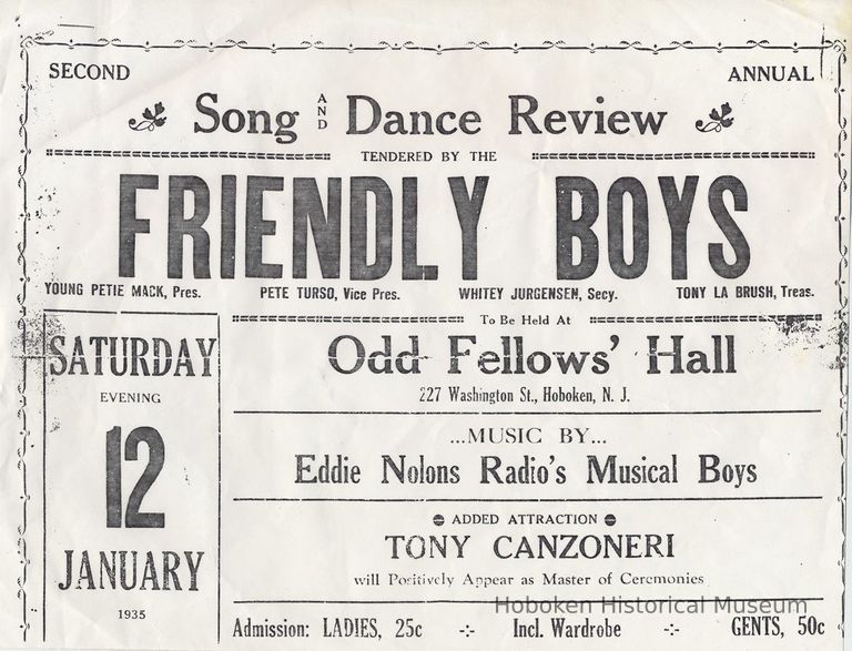 Handbill: Second Annual Song & Dance Review Tendered by the Friendly Boys, Odd Fellows' Hall, 227 Washington St., Hoboken, Jan. 12, 1935. picture number 1