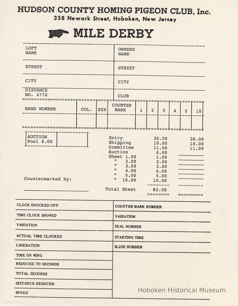 Blank form: Mile Derby; Hudson County Homing Pigeon Club, Hoboken. N.d., ca. 1985-2000. picture number 1