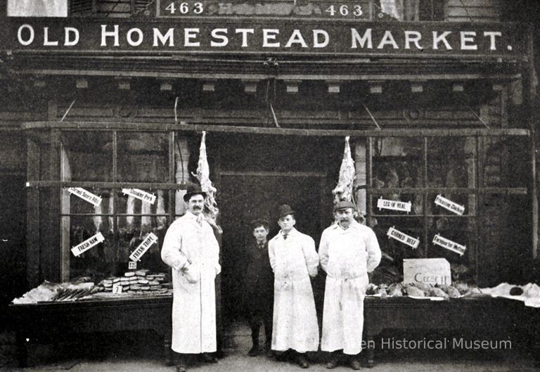 Printed B+W photograph of Old Homestead Market, provisioners, 463 First Street, Hoboken, ca. 1906-1908. picture number 1