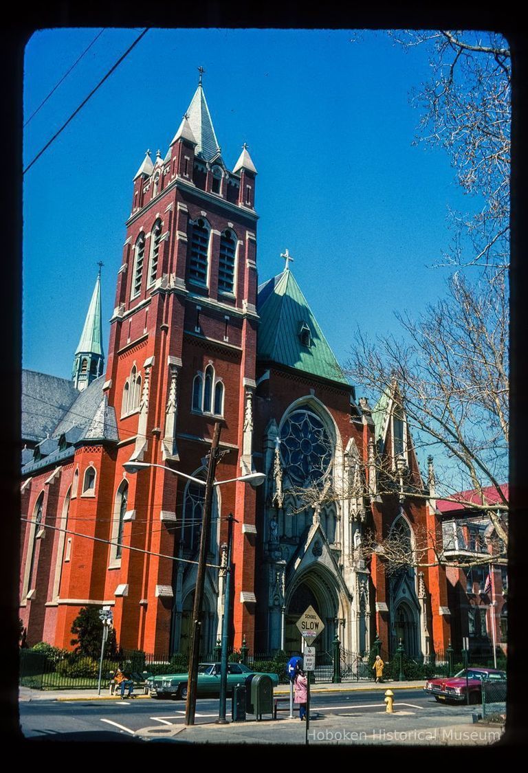 Color slide of eye-level view of Our Lady of Grace Roman Catholic church façade at 400 Willow on the NW corner of Willow & 4th picture number 1