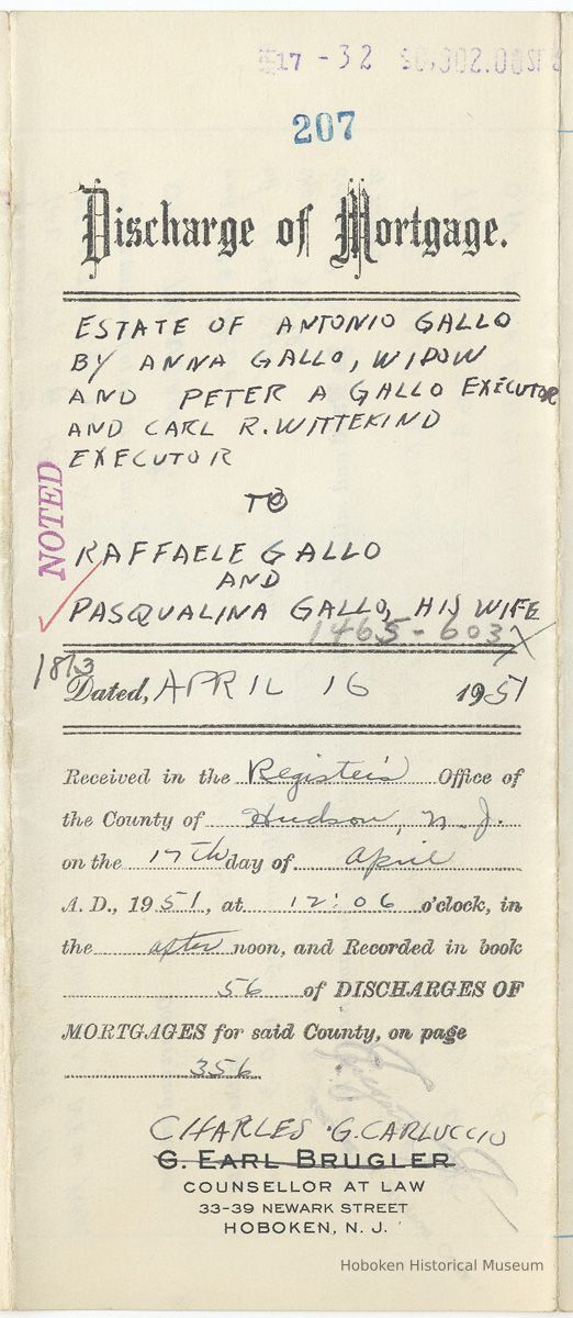 Digital images of Discharge of Mortgage from Estate of Antonio Gallo by Anna Gallo to Raffaele and Pasqualina Gallo, April 16, 1951. picture number 1