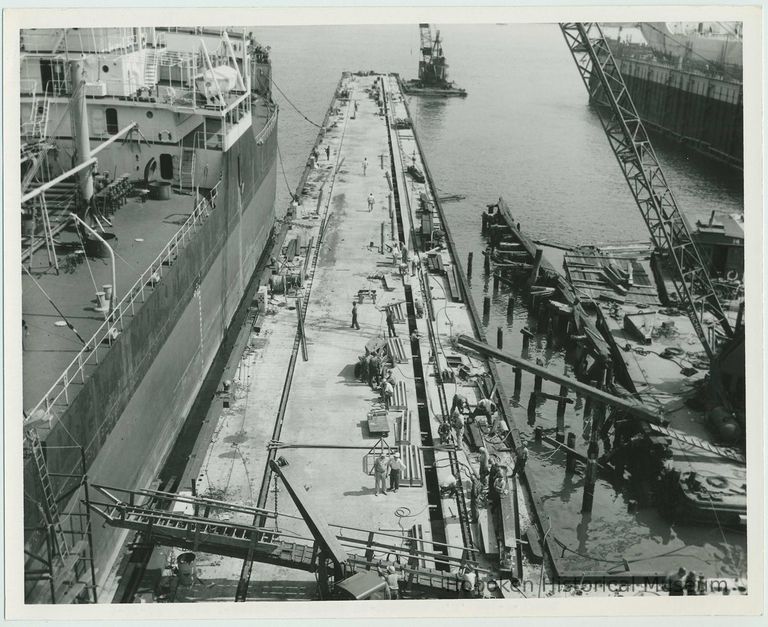 B+W photo of the construction of Pier 5 (formerly Pier 14) at the Bethlehem Steel Shipyard, Hoboken Division, Sept. 18, 1957. picture number 1