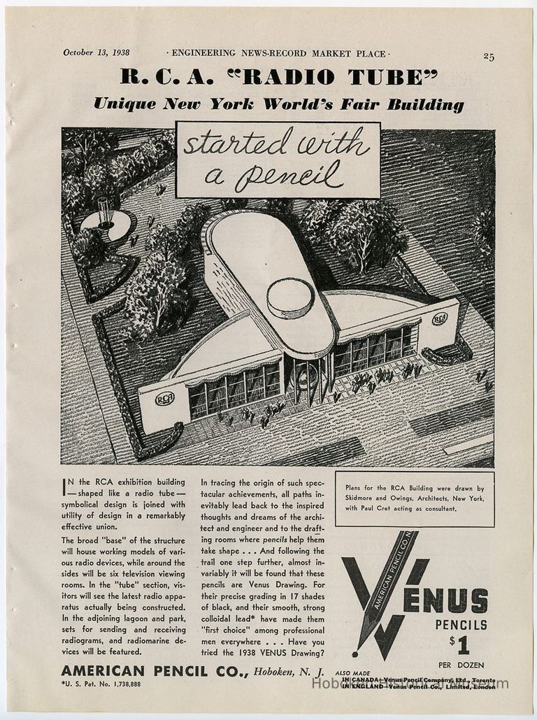 Ad: Venus Pencils, American Pencil Co., RCA, World's Fair, Oct. 13, 1938