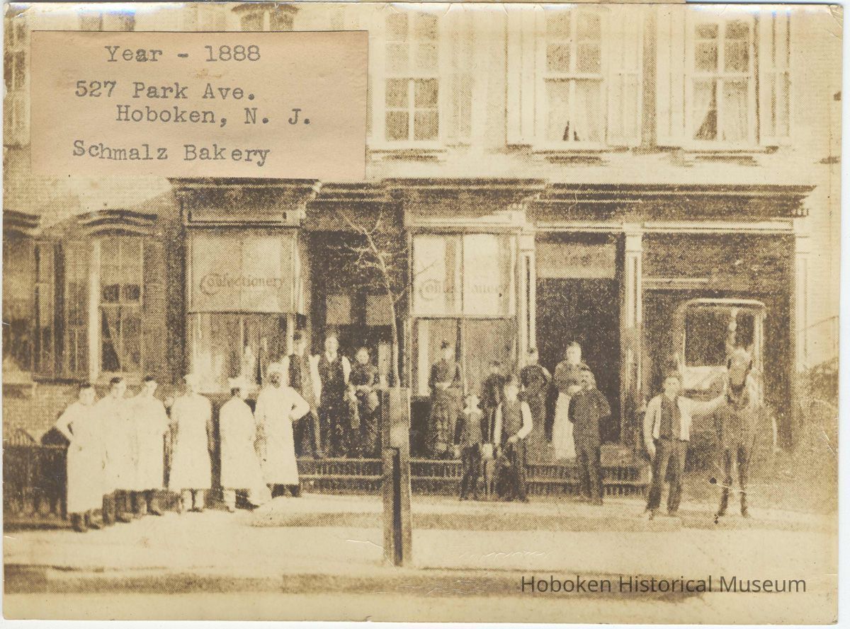 Sepia-tone photo of the exterior of the Schmalz Bakery, 527 Park Avenue, Hoboken, 1888. picture number 1