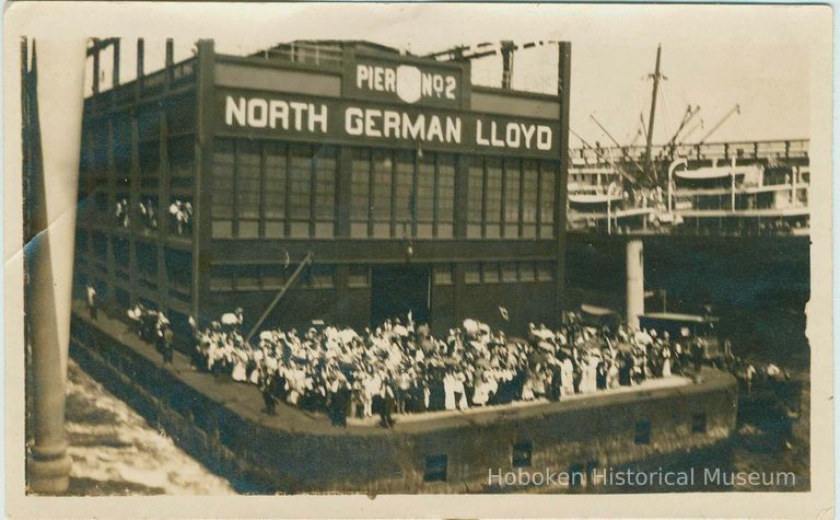 B+W photo of the river end of Pier No. 2, North German Lloyd Line, Hoboken, 1914. picture number 1