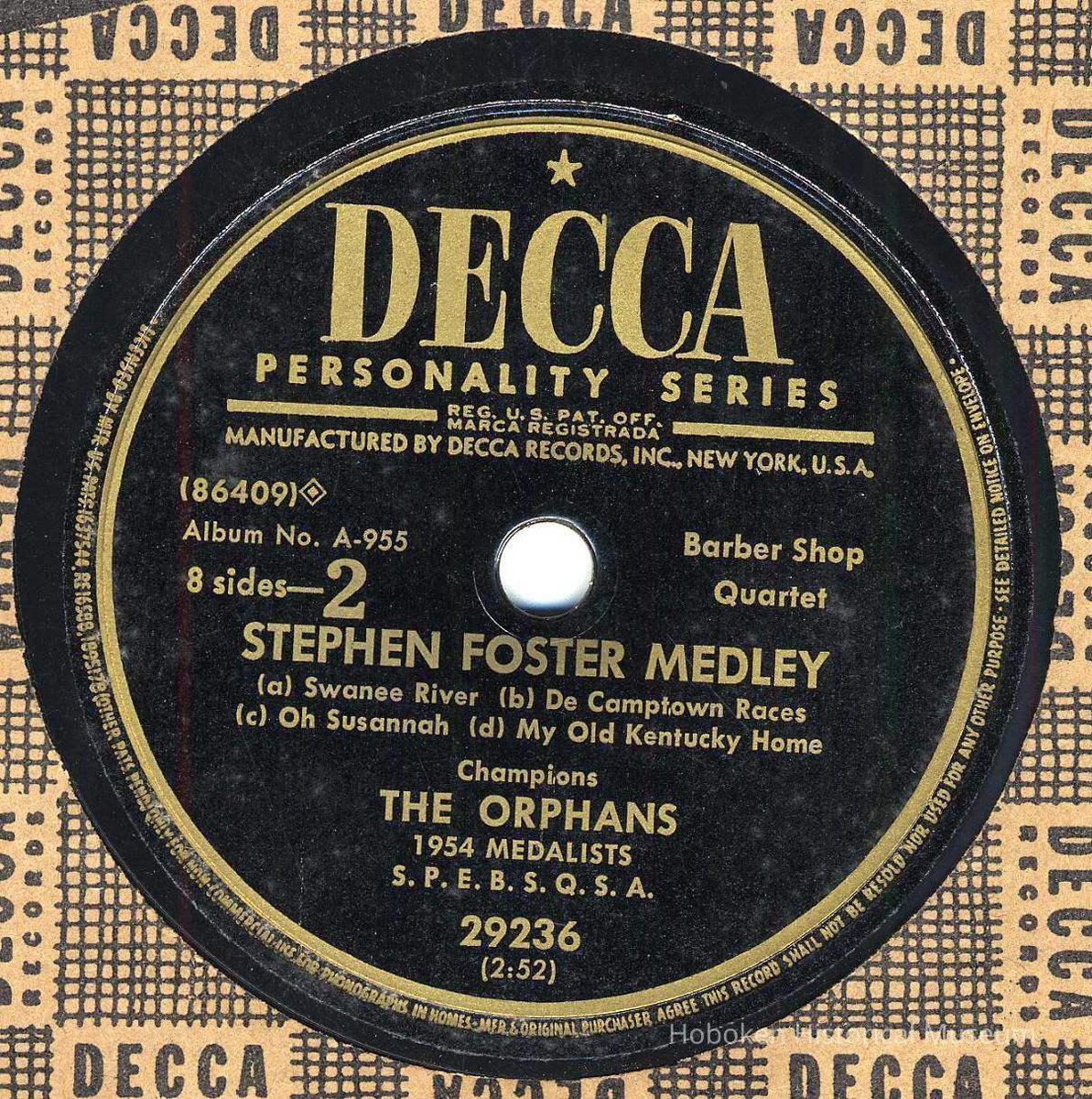 Record: Stephen Foster Medley, Barber Shop Quartet. Decca Records, N.Y., no date, ca. 1954. picture number 1