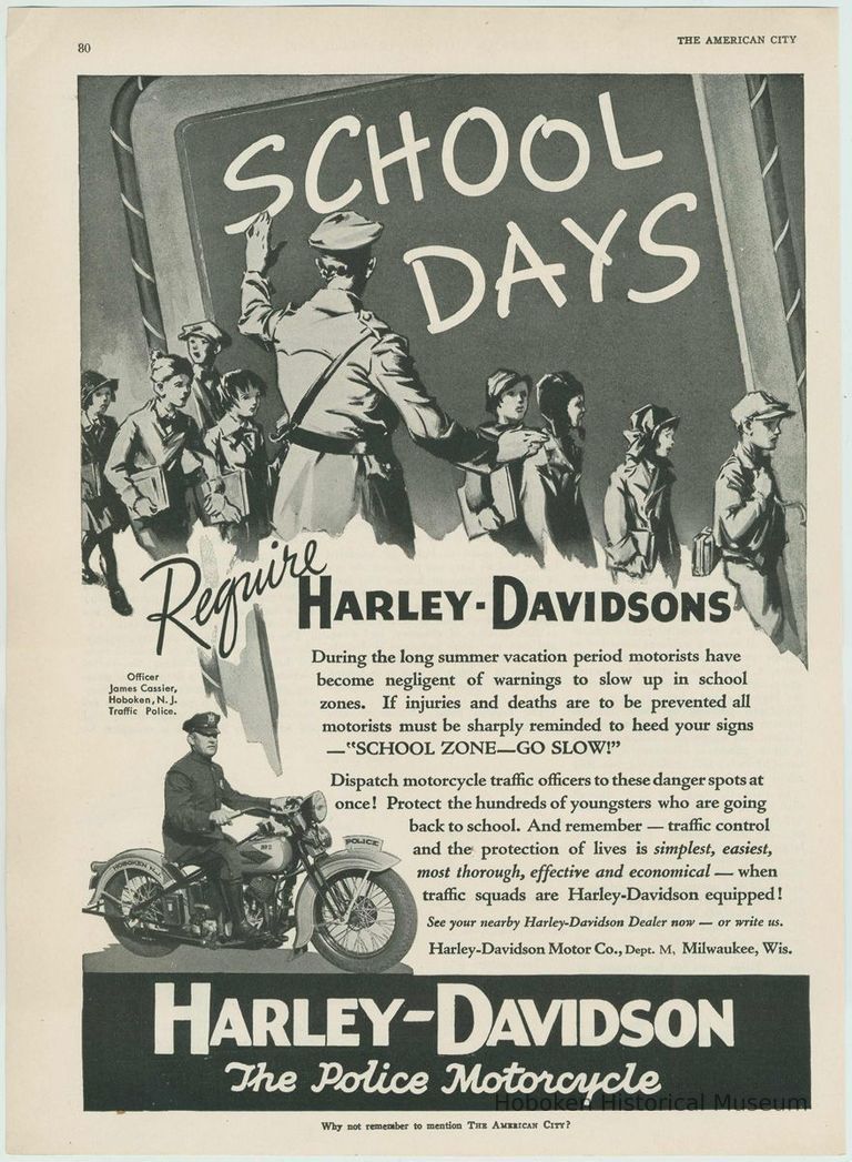 Ad, magazine, for Harley-Davidson Motorcycles featuring Hoboken Officer James Cassier, Oct., 1936. picture number 1