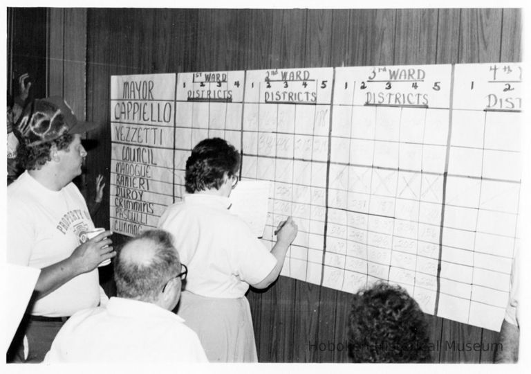 B+W photo of election or campaign workers at a tally board on election night, Hoboken, [June 11, 1985]. picture number 1