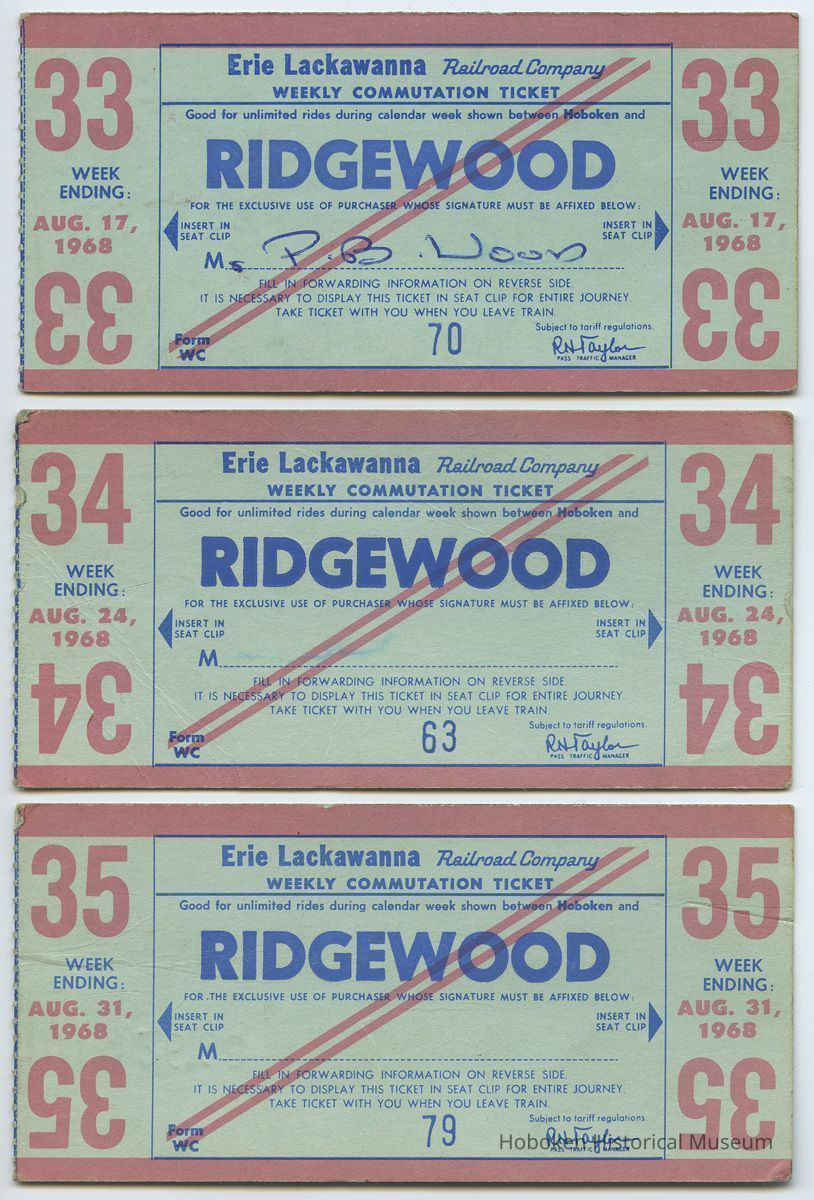 front: three 1968 Erie Lackawanna weekly commutation tickets