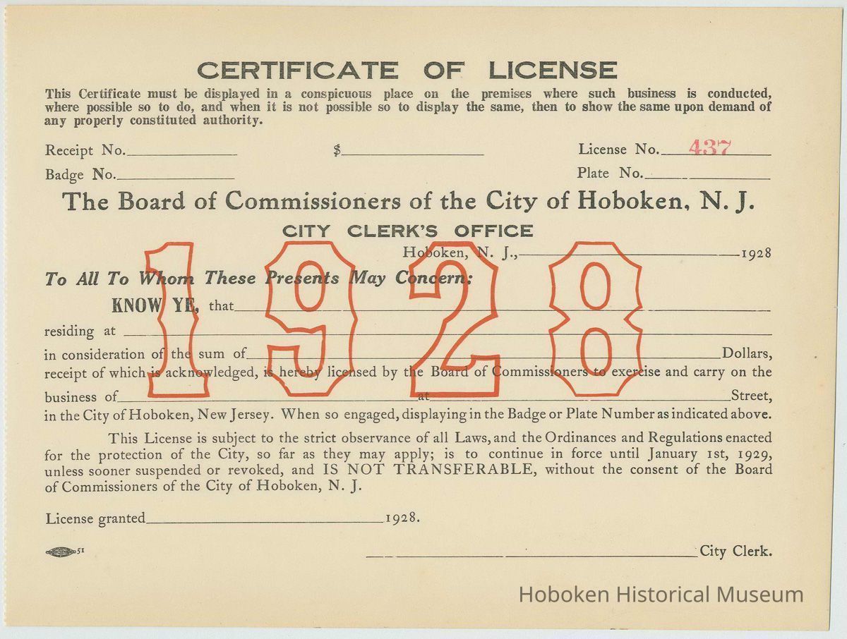 Unissued City of Hoboken Certificate of License for 1928 in force until Jan. 1st, 1929, Hoboken, 1927. picture number 1