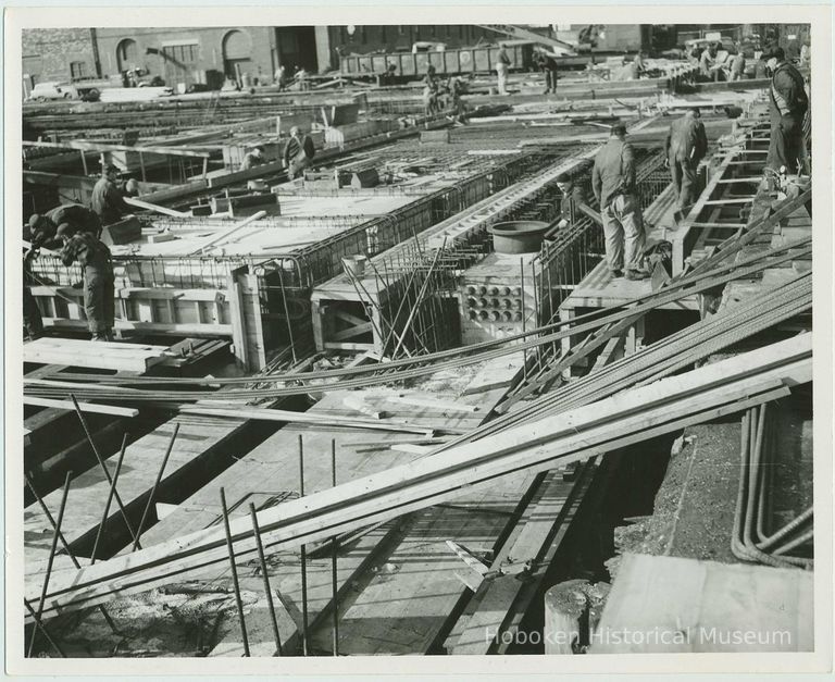 B+W photo of the construction of Pier 5 (formerly Pier 14) at the Bethlehem Steel Shipyard, Hoboken Division, January 30, 1957. picture number 1