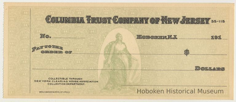 Bank check: Columbia Trust Company of New Jersey, Hoboken, N.J. Ca,, 1910-1919. picture number 1