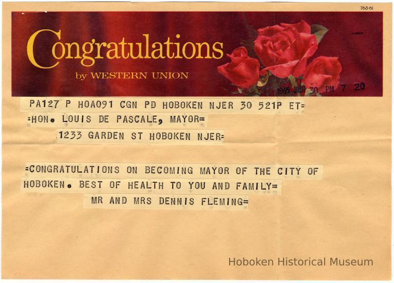 Digital image of congradulatory telegram to Louis DePascale on winning mayoral election, Hoboken, June 30, 1965. picture number 1