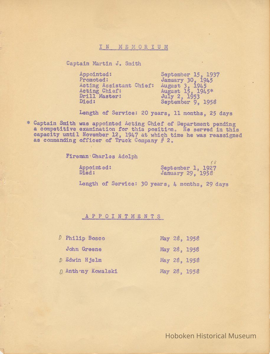 leaf 1: In Memoriam, Captain Martin J. Smith; Appointments