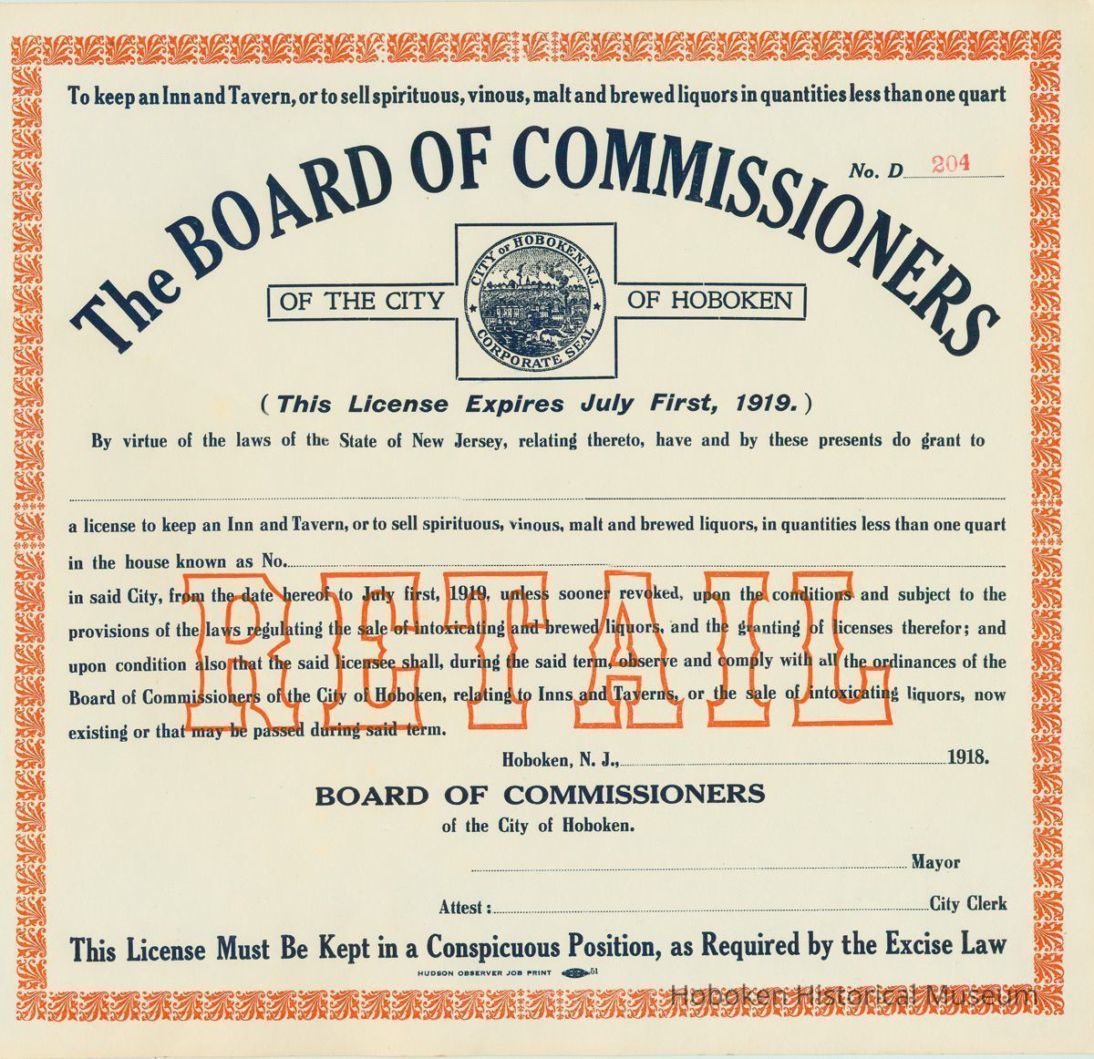Unissued City of Hoboken Retail Liquor License expiring July 1st, 1919, Hoboken, 1918. picture number 1