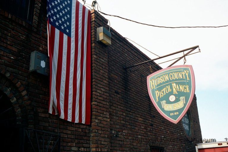 Color photo of the sign of the Hudson County Pistol Range & Gun Shop, Hoboken, Jan. 3 & 4, 2002. picture number 1