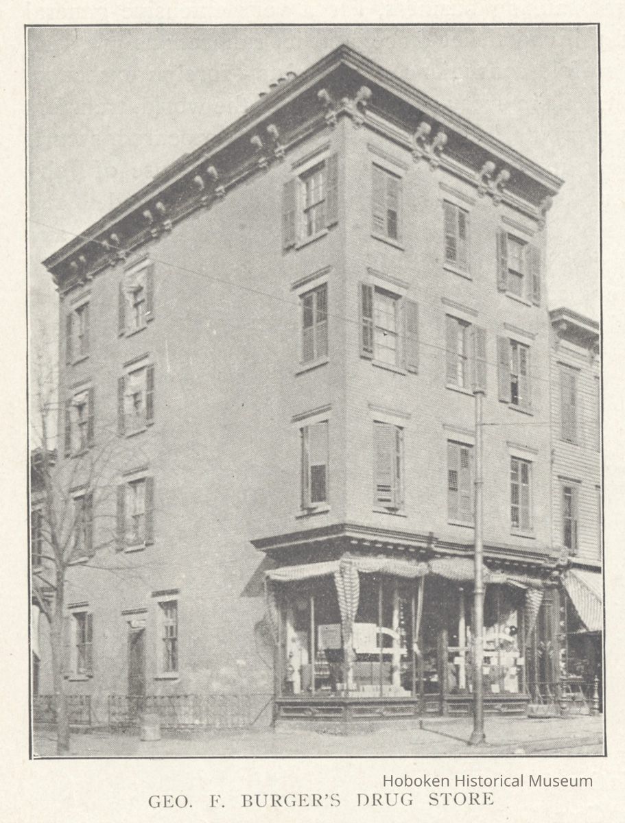 Printed B+W photograph of George F. Burger, Drug Store, First and Bloomfield Sts., Hoboken, no date, ca. 1906-1908 picture number 1