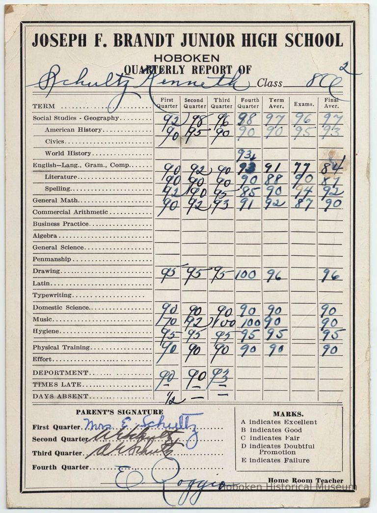 Digital image of Kenneth Schultz's eightth grade report card for class 8A2, Brandt School, Hoboken, no date, ca. 1951-52. picture number 1