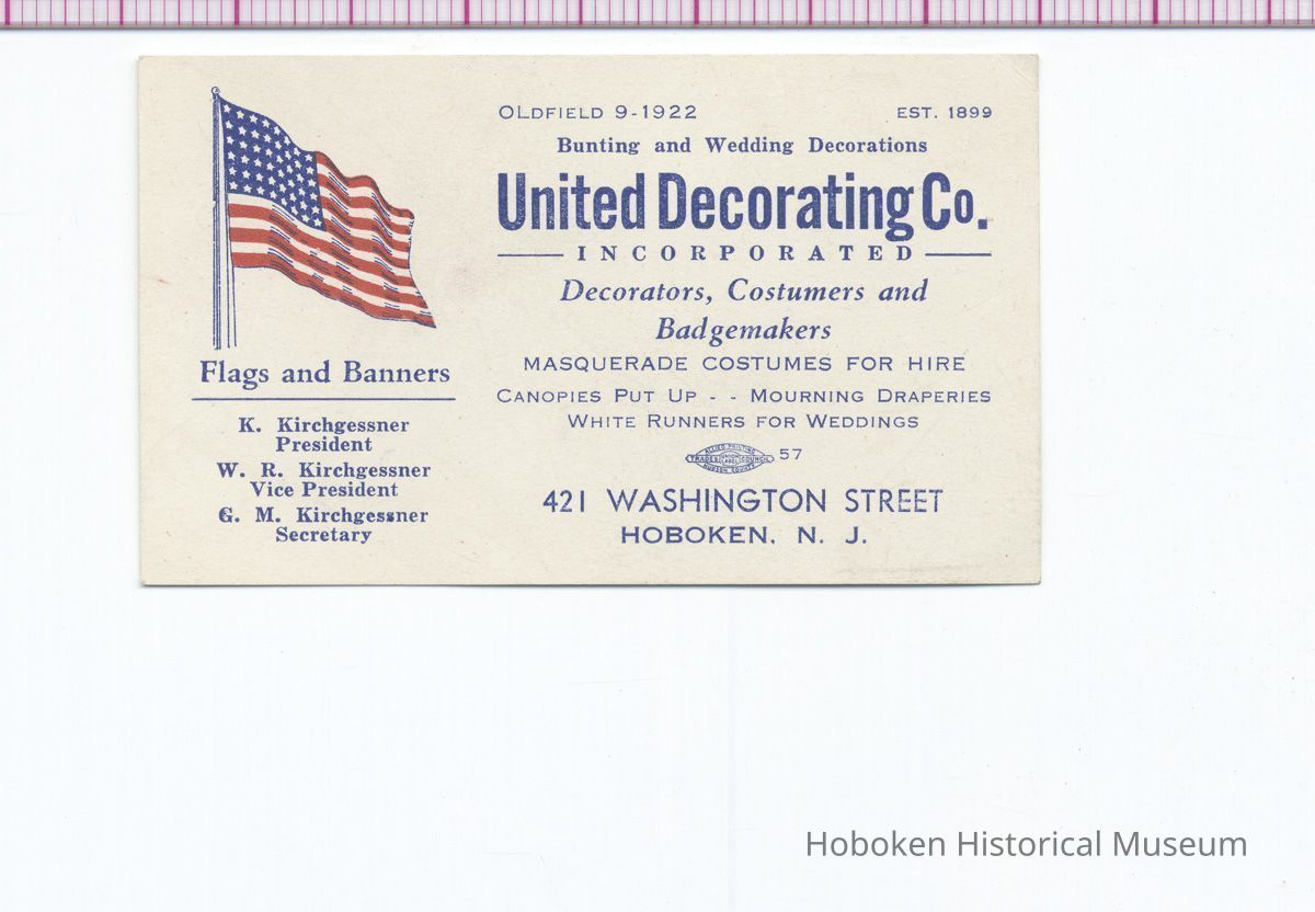 Trade card: United Decorating Company, Incorporated. 421 Washington St., Hoboken, N.J. No date, circa 1950's. picture number 1