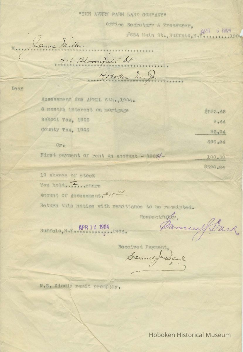Receipt for James Miller from the Avery Farm Land Company for taxes and rent paid. April 6, 1904. picture number 1
