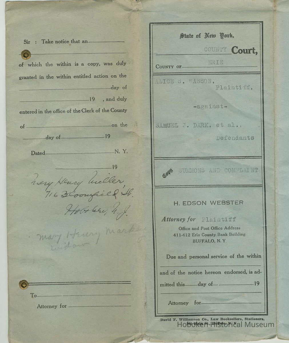 State of New York, County Court, County of Erie. Summons & Complaint. Alice S. Wasson v. Samuel J. Dark, et al. March 30, 1923. Mary H. Miller's copy. picture number 1