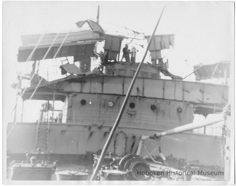 B+W photo of the damaged superstructure of an unknown ship, Hoboken, no date, ca. 1940. picture number 1