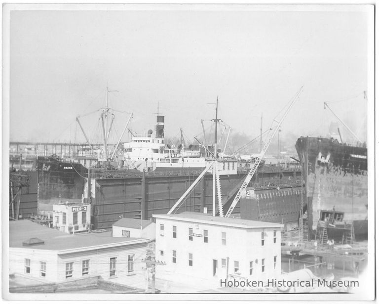 B+W photo of the S.S. Osage in dry dock no. 3; S.S. Warrior in dry dock no. 2, Hoboken, no date, ca. 1940. picture number 1