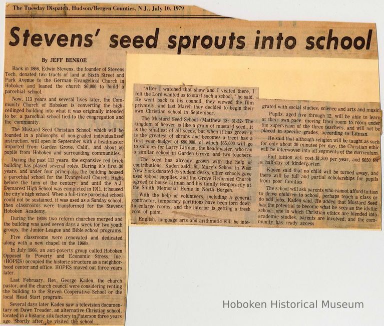 Digital image of newsclipping: Stevens' seed sprouts into school. Hudson Dispatch, July 10, 1979. picture number 1