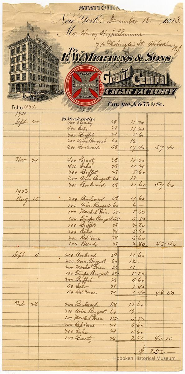 statement F.W. Mertens & Sons, Grand Central Cigar Factory