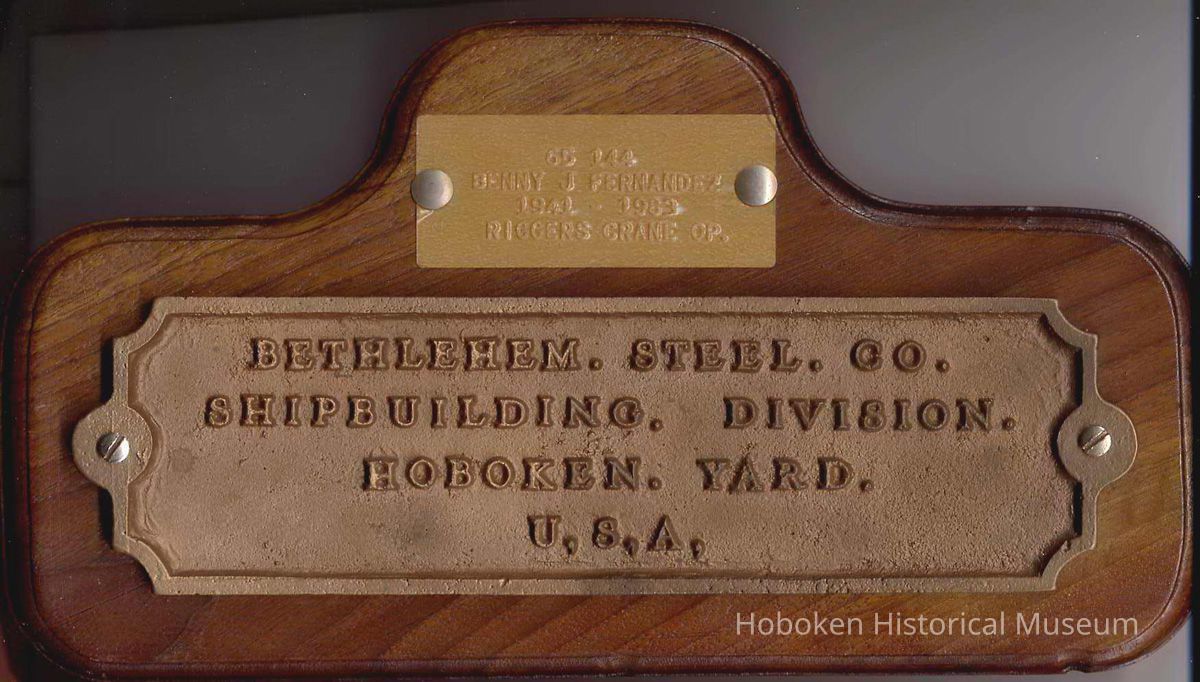 Wall plaque from Bethlehem Steel Shipyard commemorating retirement of Benny J. Fernandez, father of donor Ben Fernandez. picture number 1