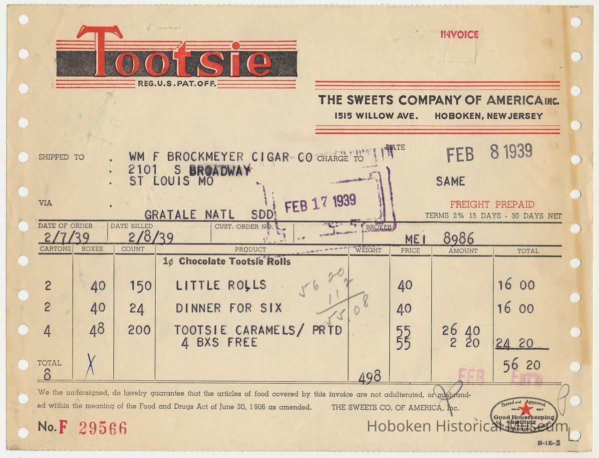 Tootsie invoice Feb. 8, 1939