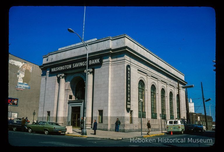 Color slide of eye-level view of front and side facades of the Hoboken Bank for Savings building at 105 Washington on the NE corner of Washington & 1st occupied by Washington Savings Bank picture number 1