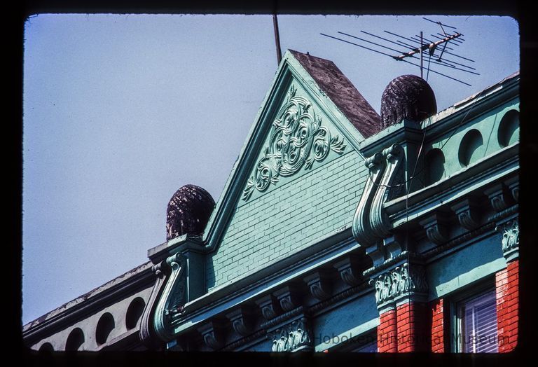 Color slide of close-up view of cornice, pediment and brick pilasters at 108 14th between Washington & Bloomfield. picture number 1