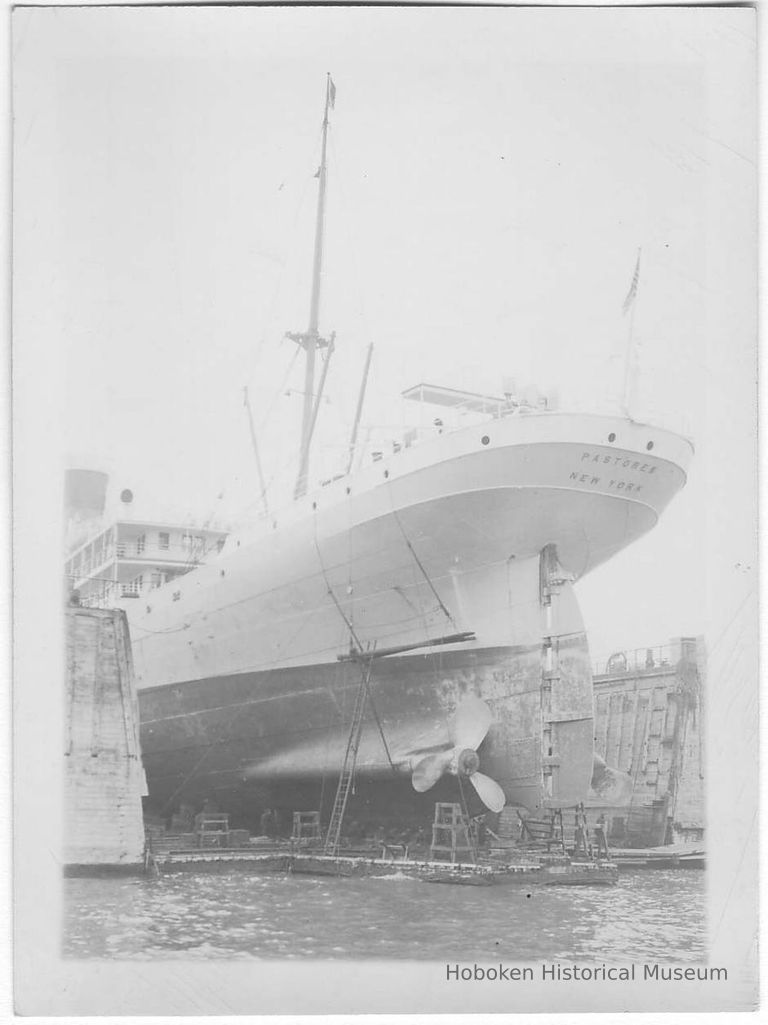 B+W photo of a port stern view of the S.S. Pastores in dry dock, Hoboken, no date, circa 1940. picture number 1