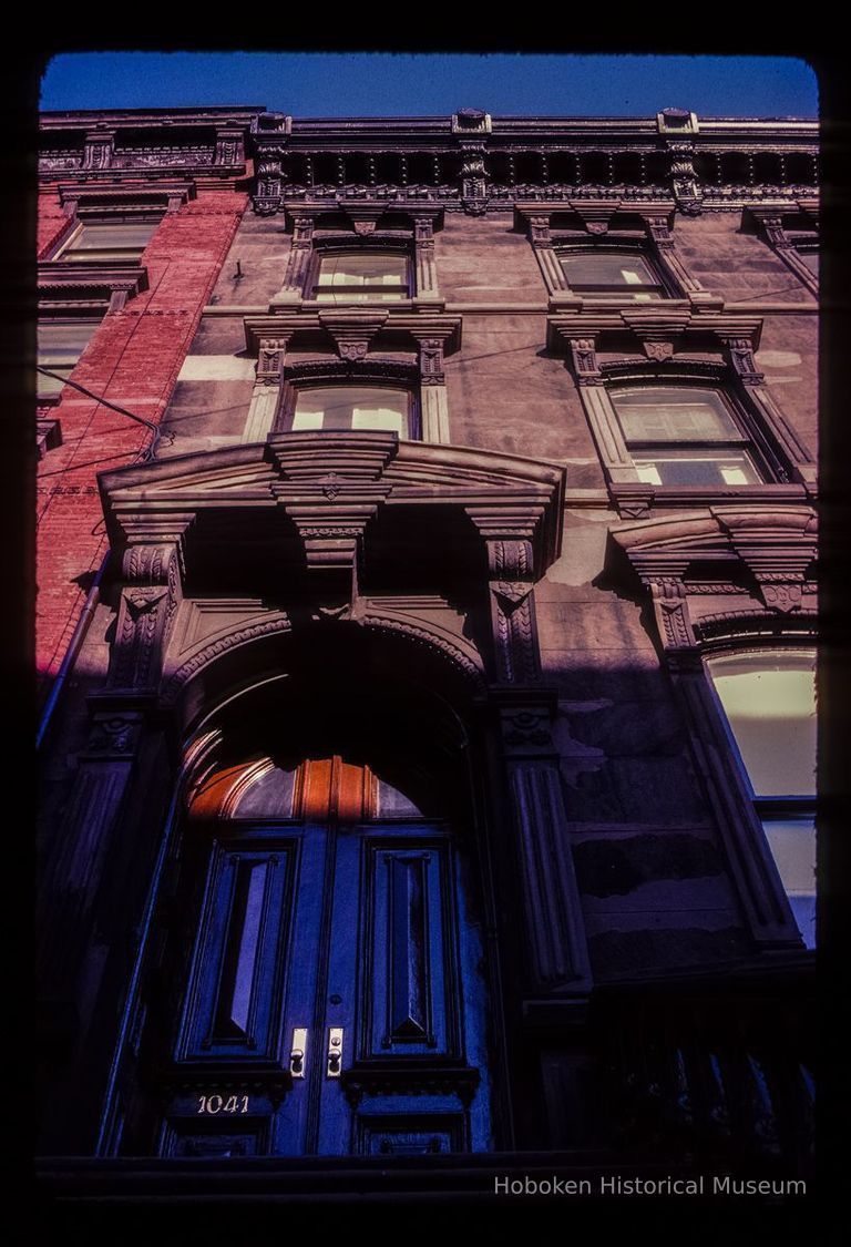 Color slide of detail view of portico, façade and cornice at 1041 Bloomfield, the Dorothea Lange house picture number 1