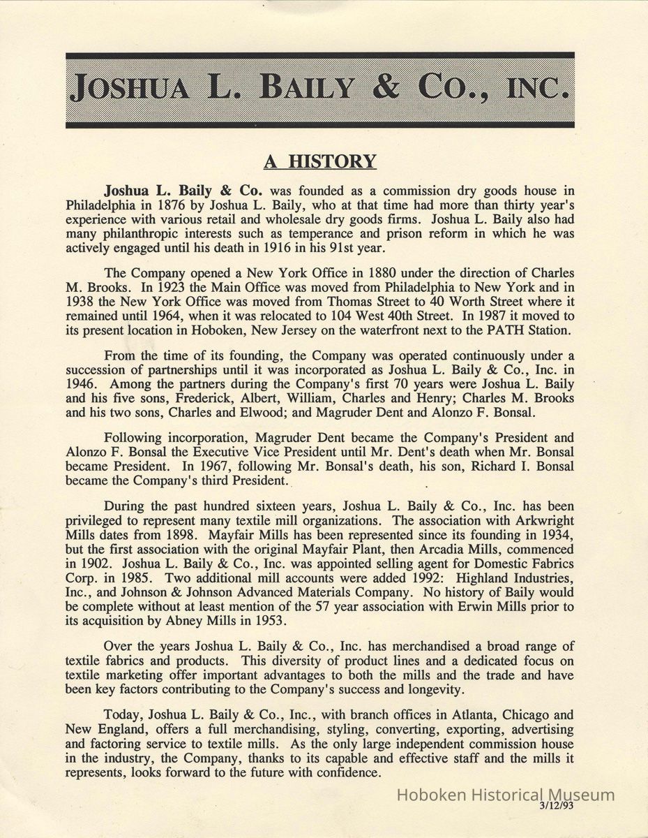 Document: Joshua L. Baily & Co., Inc., A History. (Issued Hoboken, Baker Waterfront Plaza, 2 Hudson Place, Hoboken), dated March 12, 1993. 1987. picture number 1